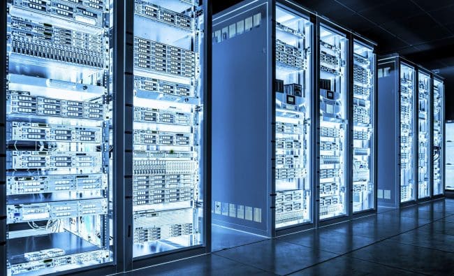 image of servers in data center with blue lights