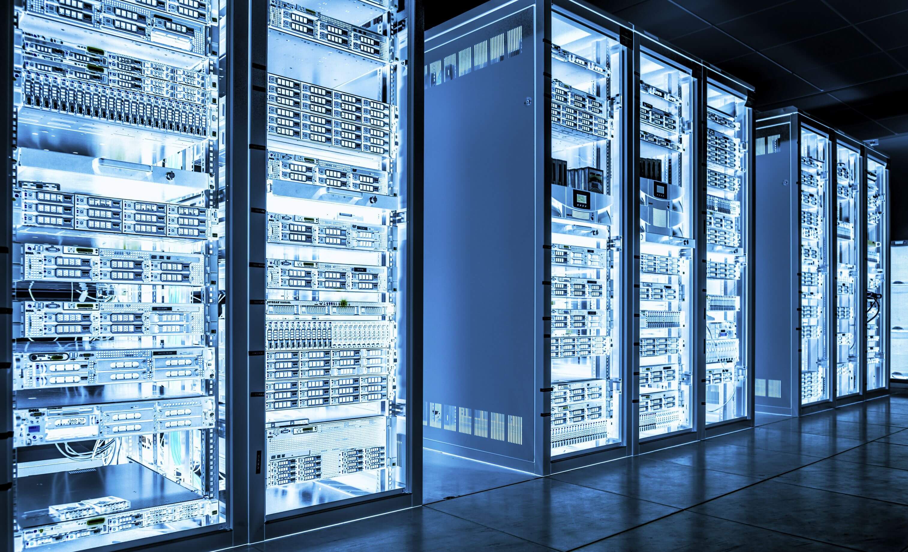 image of servers in data center with blue lights